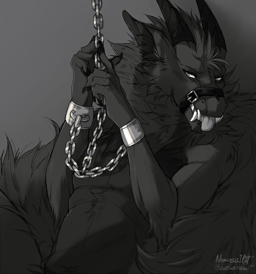 anthro bdsm belt black_and_white bodily_fluids bondage bound chain chained dragon dungeon fantasy fur furred_dragon gag hi_res male monochrome morrogh muzzle_(object) nude prisoner restrained restraints saliva scalie shackles silentdeathfootsteps slave solo submissive submissive_male tongue tongue_out