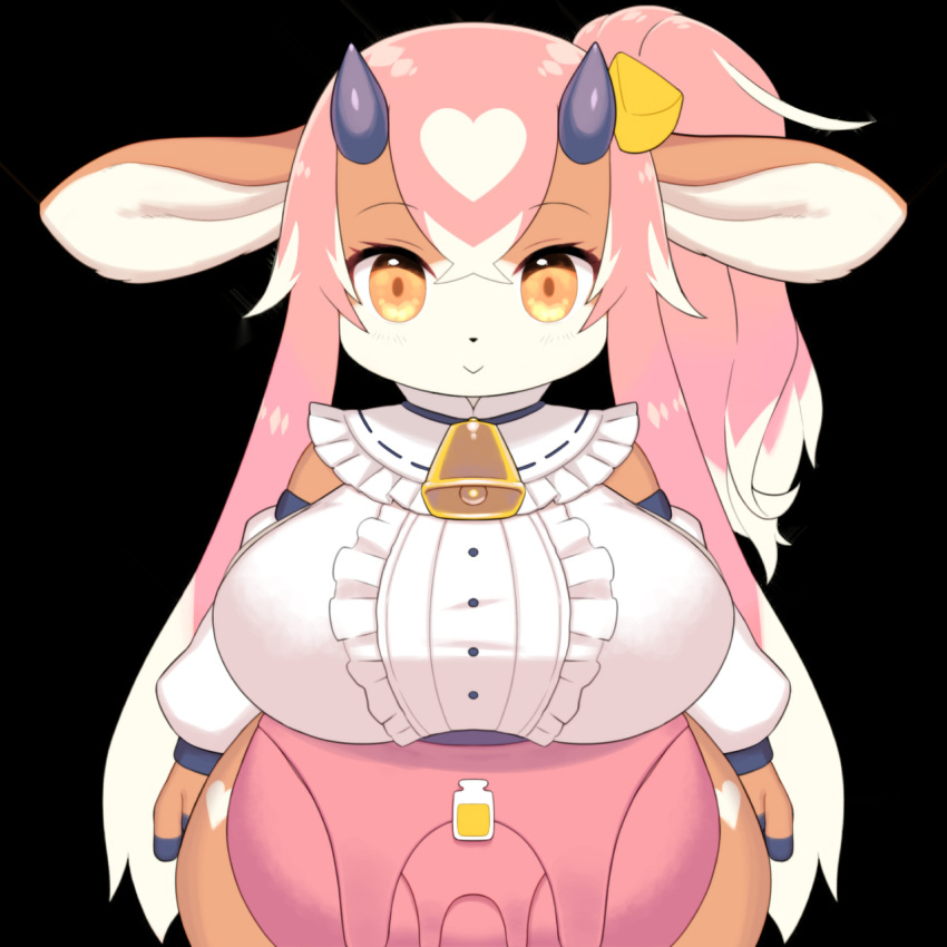 &lt;3 1:1 2021 accessory alpha_channel anthro bell big_breasts bovid bovine breasts cattle clothed clothing cowbell fanny_pack female fingers hair hair_accessory hi_res horn huge_breasts kemono long_hair maid_uniform mammal pink_hair simple_background smile solo transparent_background uniform wide_hips wkar yellow_eyes