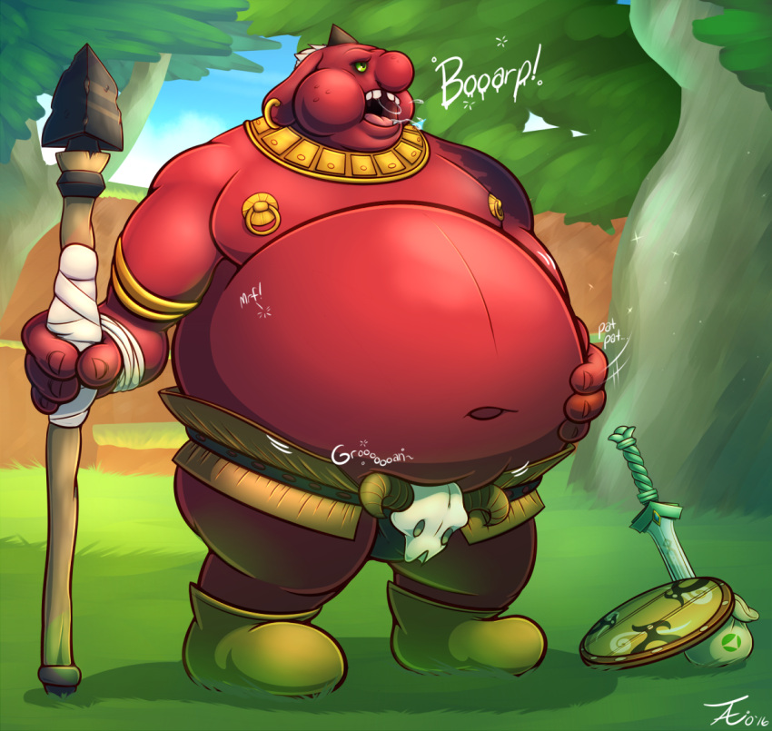 2016 after_vore belly big_belly blin_(tloz) dated detailed_background digital_media_(artwork) humanoid_hands male male_pred melee_weapon moblin moobs muffled navel nintendo outside overweight overweight_male plant red_body rumbling_stomach shaded shield shield_moblin signature skyward_sword solo sword tanio the_legend_of_zelda tree unseen_character video_games vore weapon
