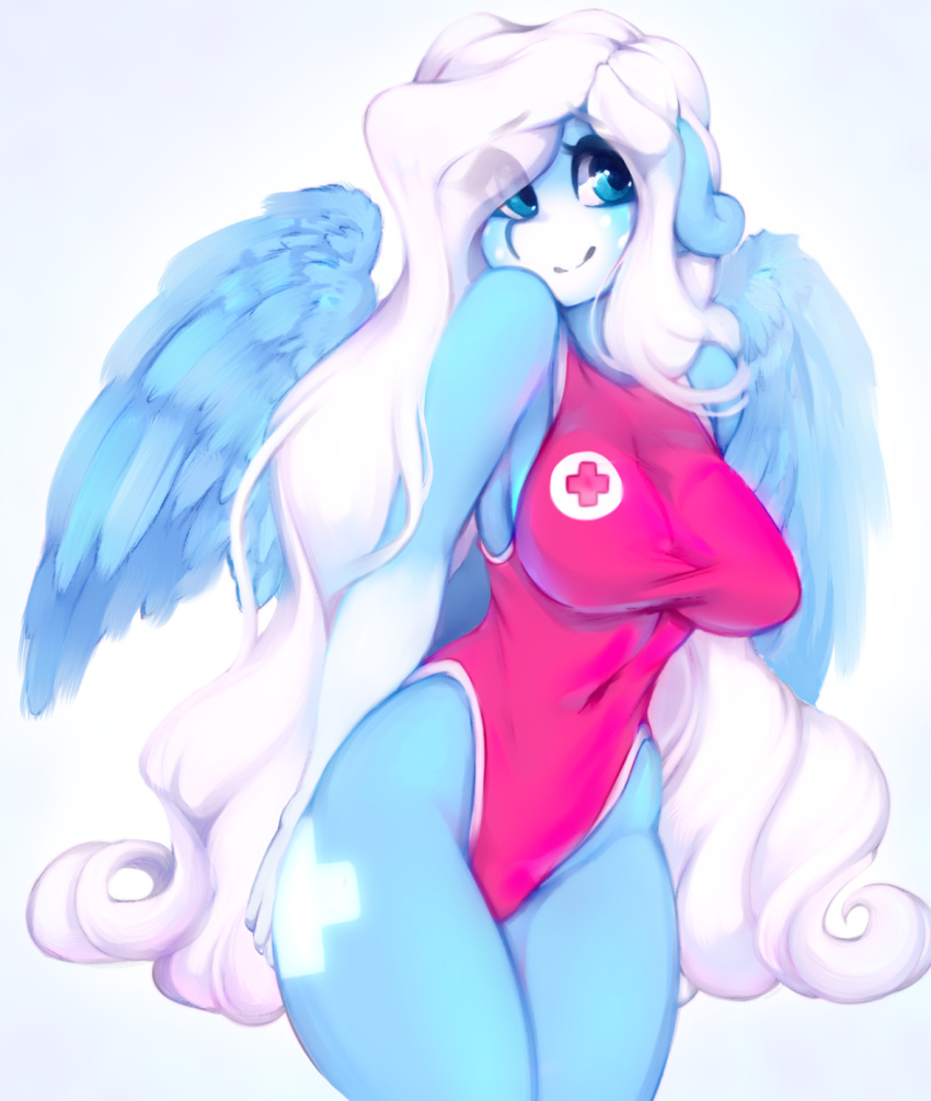 2021 anthro clothed clothing cutie_mark equid equine female hasbro hi_res icy_heart lifeguard looking_at_viewer mammal my_little_pony one-piece_swimsuit pegasus simple_background smile solo swimwear tolsticot wings