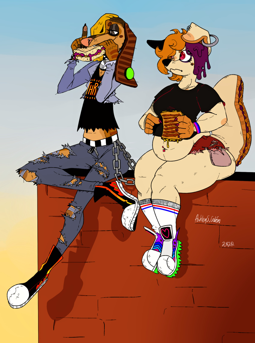 anthro ashbagels belly_overhang bottomwear canid canine canis chubby_female clothed clothing denim denim_clothing digital_media_(artwork) domestic_dog dulce duo ear_piercing facial_piercing female female/female food food_creature footwear friends gradient_background grilled_cheese hi_res hybrid jeans lazy looking_aside mammal navel navel_piercing nose_piercing overweight pants peanut_butter piercing piper punk sandwich_(food) scared shoes simple_background sitting skinny slightly_chubby thick_thighs torn_bottomwear torn_clothing torn_jeans torn_pants what