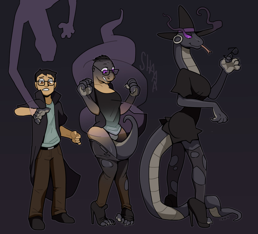 2015 anthro black_background black_high_heels blackshirtboy bottomwear breast_growth breasts clothing deiser duo eyewear female footwear gender_transformation glasses glowing glowing_eyes growth hi_res holding_eyewear holding_glasses holding_object human human_to_anthro jacket male mammal mtf_transformation pants possession purple_eyes reptile scalie sequence shirt shoes simple_background smile snake solo_focus species_transformation spirit surprise tail_growth topwear transformation