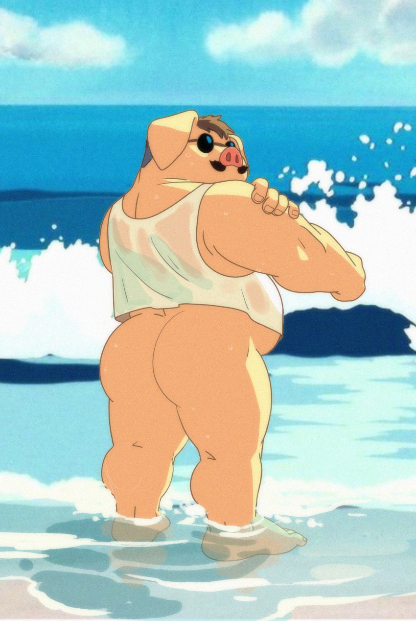 anthro beach belly biceps big_butt bottomless butt clothed clothing dirtyyeen domestic_pig eyewear facial_hair floppy_ears hi_res male mammal musclegut muscular muscular_anthro muscular_legs muscular_male muscular_thighs mustache overweight overweight_male partially_clothed porco_rosso porco_rosso_(character) sea seaside shoegaze. slightly_chubby solo standing suid suina sunglasses sus_(pig) thick_thighs topwear water