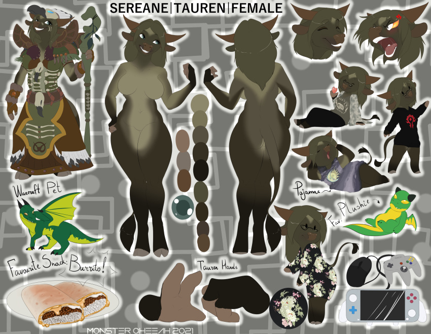 2021 3_fingers absurd_res anthro biped blizzard_entertainment bovid bovine breasts claws clothed clothing digital_media_(artwork) dragon equid equine featureless_breasts featureless_crotch female fingers hi_res hooves horn mammal membrane_(anatomy) membranous_wings model_sheet monstercheetah nude open_mouth scalie smile solo tauren teeth tongue video_games warcraft western_dragon wings