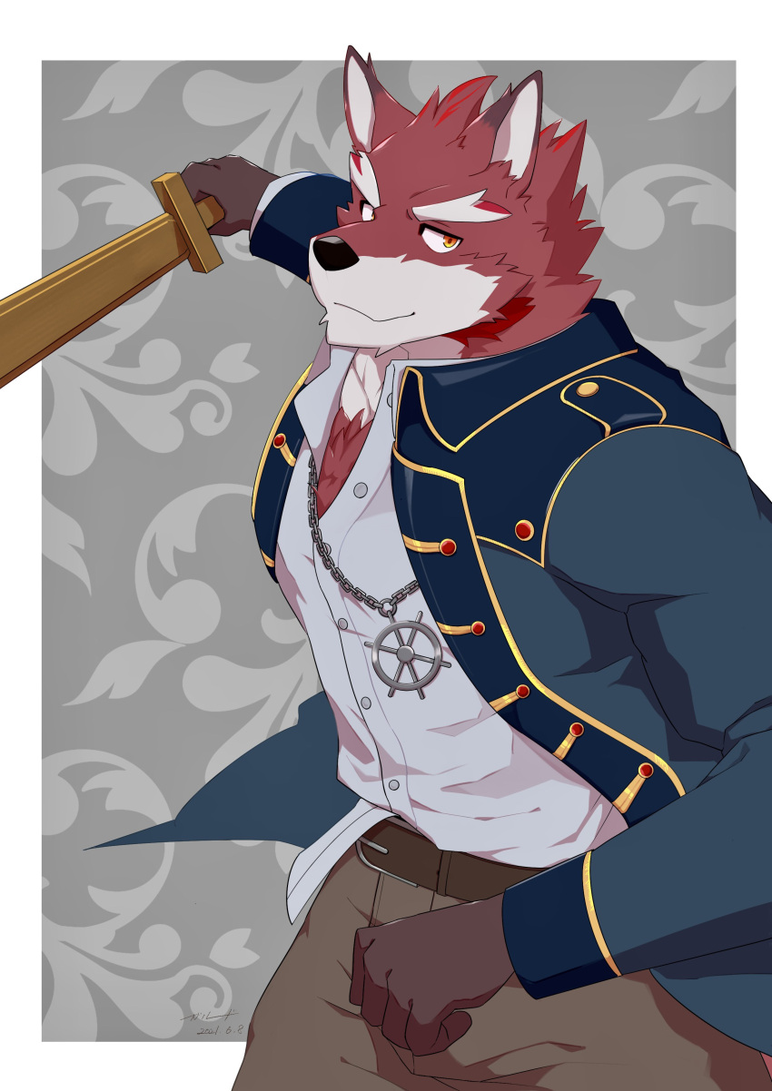 absurd_res anthro body_hair canid canine chest_hair chest_tuft clothing diederich_olsen_(knights_college) fur galoud hi_res knights_college male mammal mature_male melee_weapon muscular muscular_anthro red_body red_fur solo sword teacher tuft uniform video_games visual_novel weapon