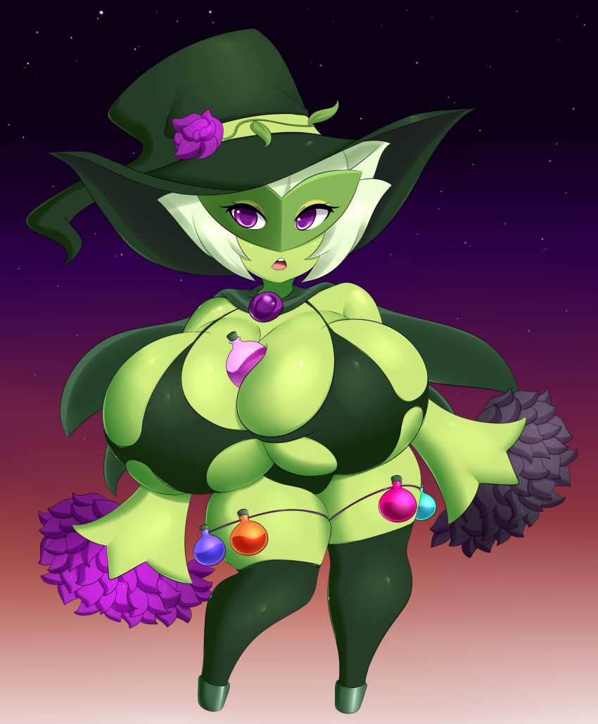 absurd_res big_breasts breasts clothing dexy_(jcdr) digital_media_(artwork) elemental_creature elemental_humanoid eyelashes female flora_fauna flower flower_(anatomy) green_body green_skin hat headgear headwear hi_res huge_breasts humanoid jcdr legwear nintendo not_furry object_between_breasts open_mouth plant plant_humanoid pok&eacute;mon pok&eacute;mon_(species) potion purple_eyes roserade shiny_pok&eacute;mon short_stack simple_background solo thigh_highs video_games witch_hat