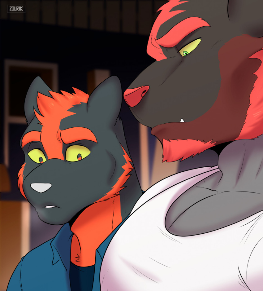 2021 allan_(zourik) anthro blurred_background clothed clothing duo dylan_(zourik) facial_hair fur girl_staring_at_man's_chest green_eyes hair hi_res incineroar looking_at_another looking_at_muscles male meme muscular muscular_anthro muscular_male nintendo pecs pok&eacute;mon pok&eacute;mon_(species) shirt stare tank_top topwear torracat video_games zourik