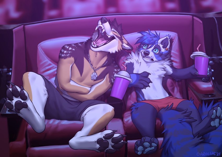 2021 4_toes 5_fingers ailurid anthro black_lips blue_eyes canid canine clothed clothing digital_media_(artwork) duo feet fingers kero_tzuki lips male mammal open_mouth red_panda shirtless smile teeth toes tongue