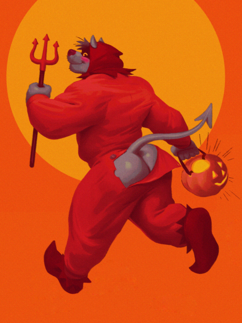 2019 3:4 anthro blush butt butt_flap canid canine canis clothing demon dirtyyeen food footwear fruit grey_body halloween hi_res holidays hood horn male mammal melee_weapon muscular muscular_anthro muscular_male onesie plant polearm pumpkin red_clothing shoegaze. shoes simple_background smile solo spade_tail standing trident weapon wolf yellow_eyes