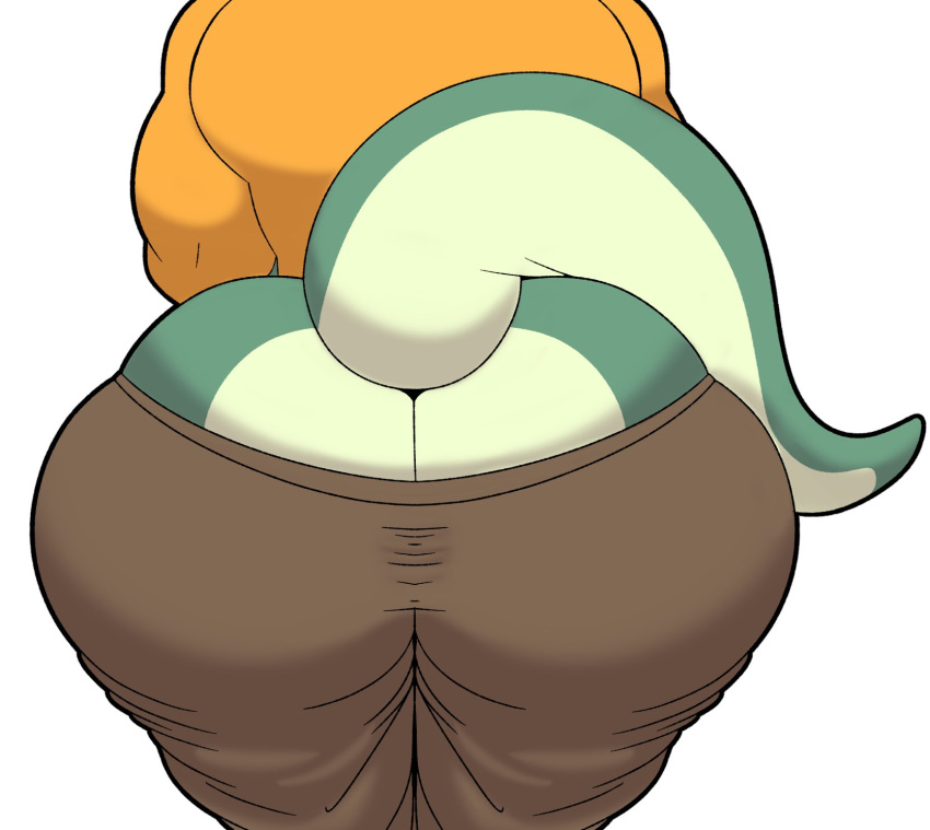 anthro big_butt bottomwear brown_bottomwear brown_clothing brown_pants butt butt_cleavage clothing colelucario dragon green_body hi_res huge_butt male obese oliver_(colelucario) orange_clothing orange_shirt orange_topwear overweight pants rear_view shirt simple_background solo topwear white_background