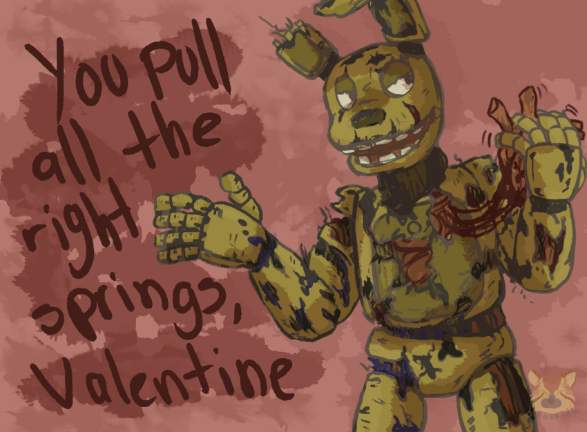 2018 animatronic anthro black_eyes dialogue digital_media_(artwork) english_text five_nights_at_freddy's five_nights_at_freddy's_3 gore green_body holidays lagomorph leporid looking_aside machine male mammal open_mouth otackoon rabbit raised_arm robot simple_background solo springtrap_(fnaf) tagme talking_to_viewer teeth text valentine's_day valentines_day_card video_games watermark