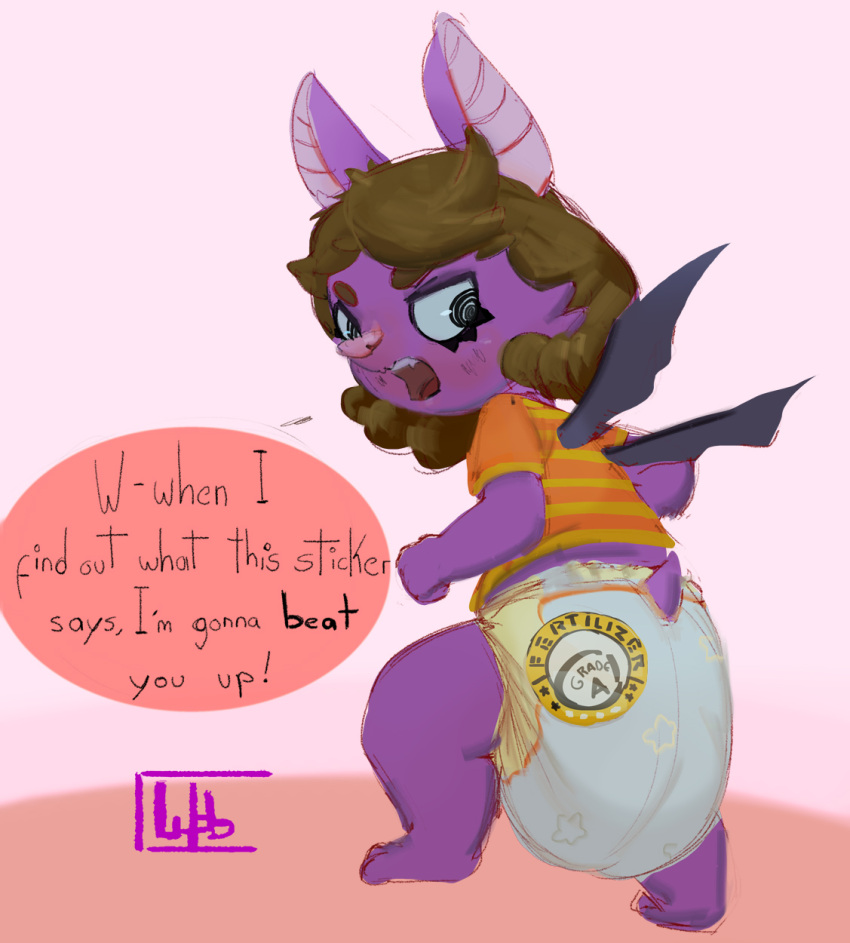 ambiguous_gender anthro blush chiropteran clothed clothing diaper digital_media_(artwork) english_text exalius feces full_diaper fur hair hi_res looking_at_viewer mammal messy_diaper open_mouth pantsless pooping scat shaded simple_background soiled_diaper soiling soiling_diaper solo text tongue