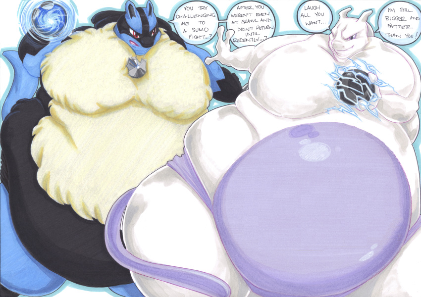 absurd_res anthro blue_body blue_fur colored dialogue duo english_text fur hi_res legendary_pok&eacute;mon lucario male mewtwo moobs nintendo obese obese_anthro obese_male open_mouth overweight overweight_anthro overweight_male pok&eacute;mon pok&eacute;mon_(species) prisonsuit-rabbitman purple_eyes red_eyes simple_background text tongue traditional_media_(artwork) video_games white_body