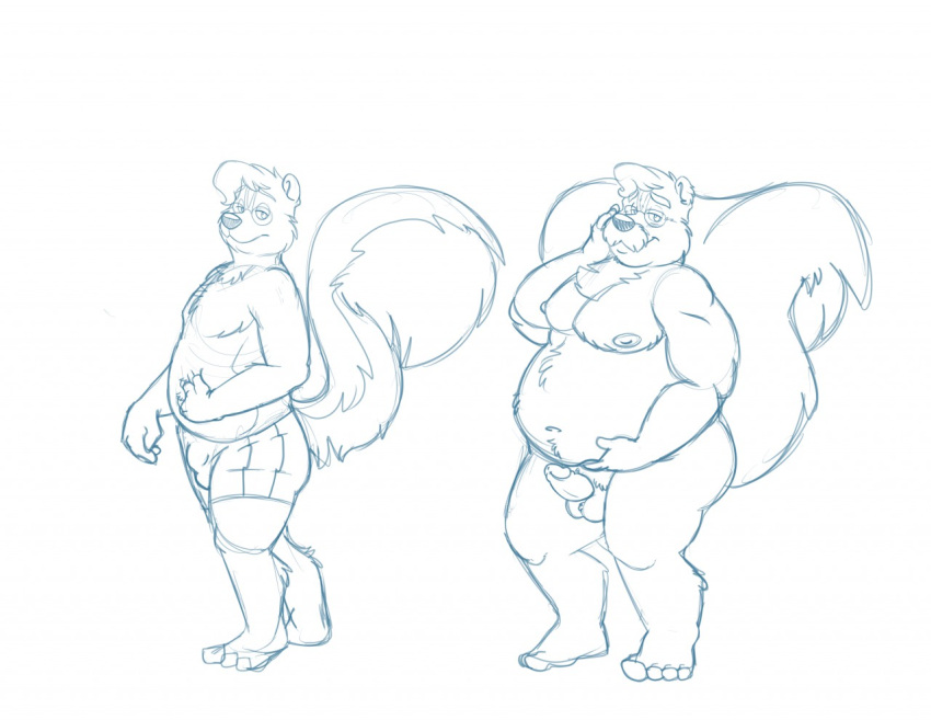 2018 anthro balls belly bravo clothing erection genitals humanoid_genitalia humanoid_hands humanoid_penis male mammal mature_male mephitid moobs nipples overweight overweight_male penis simple_background sketch skunk solo underwear white_background