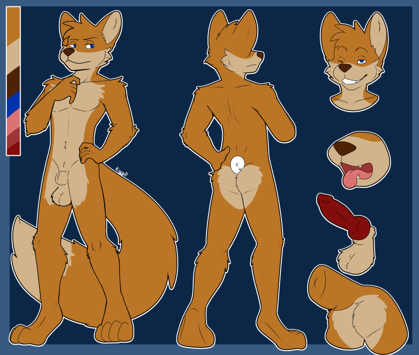 absurd_res anthro balls blue_eyes butt canid canine fox fur genitals hi_res invalid_tag king(@itskingaroo) knot male mammal model_sheet nude one_eye_closed smile solo timelord tongue wink