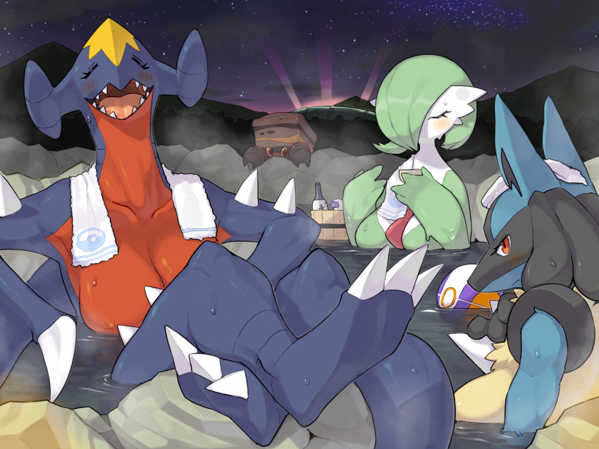 2021 ambiguous_gender anthro anthrofied big_breasts blush breasts crustle eyes_closed feet female garchomp gardevoir group hi_res hot_spring humanoid kame_3 looking_at_viewer looking_back lucario night nintendo nude open_mouth outside partially_submerged pok&eacute;mon pok&eacute;mon_(species) pok&eacute;morph pokemon_unite red_eyes video_games water