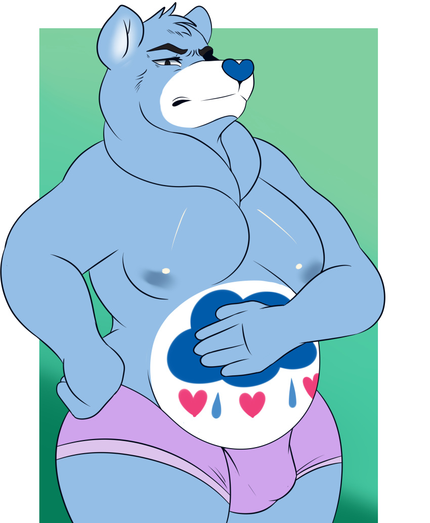 &lt;3 absurd_res belly belly_markings blue_body blue_fur blush care_bears fur grumpy_bear heart_nose hi_res male markings nipples overweight solo tocatao