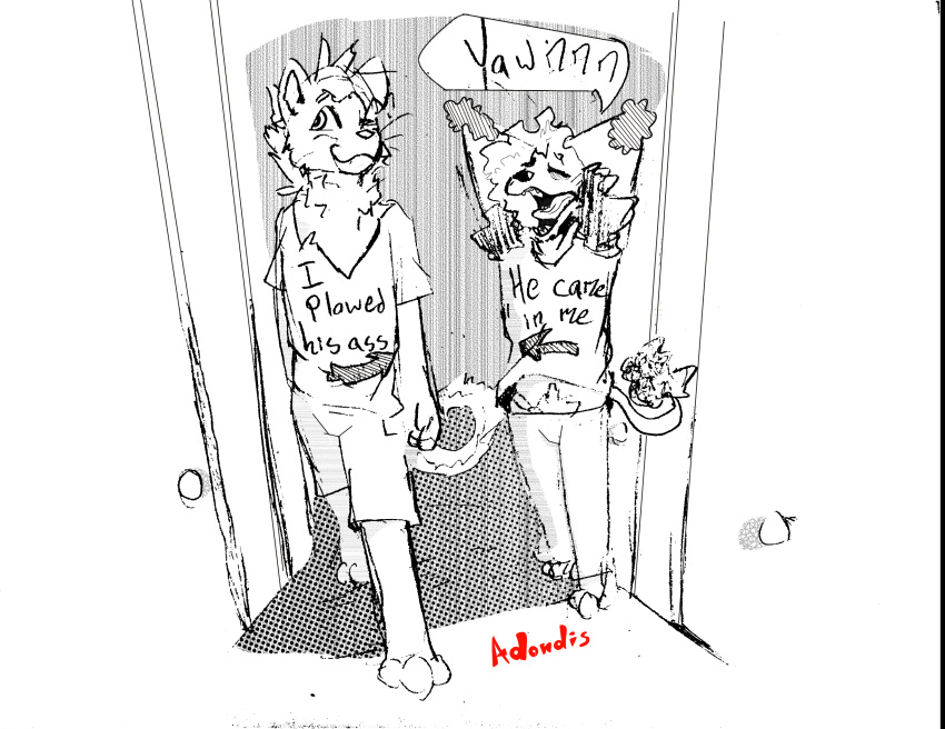 adondis anthro biped bottomwear canid canine canis cel_shading clothed clothing digital_media_(artwork) domestic_cat domestic_dog duo felid feline felis fur graphite_(artwork) hair hallway hi_res humor long_hair male male/male mammal meme open_mouth pants poodle pubes russell(adondis) screentone shaded shorts smile suggestive tongue tongue_out traditional_media_(artwork) walking yawn