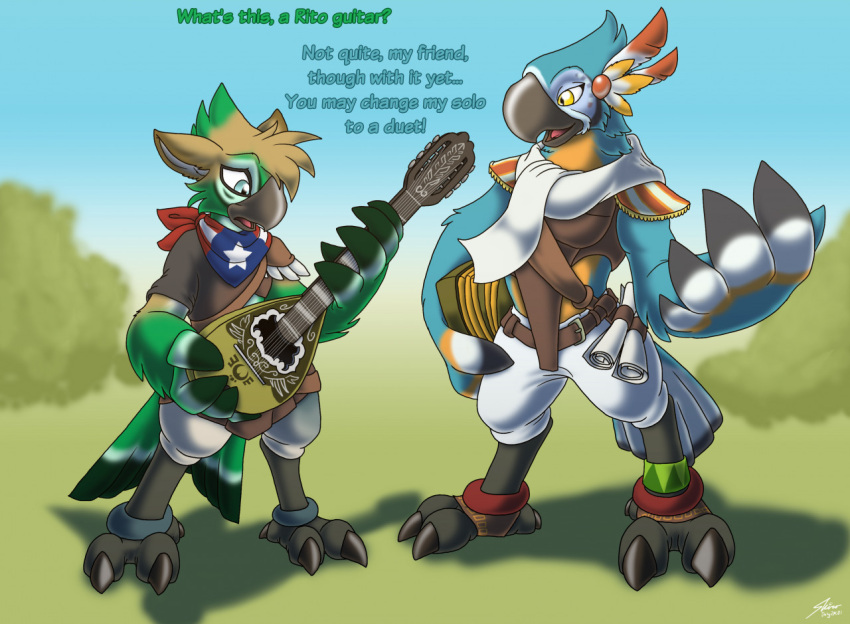 anthro avian beak bird blue_body blue_feathers breath_of_the_wild canid canine canis catmonkshiro clothing dialogue digitigrade duo feather_growth feathers fur green_body green_eyes green_feathers growth kass_(tloz) magic male mammal mid_transformation musical_instrument nintendo open_mouth rito species_transformation tail_feathers talons tan_body tan_fur text the_legend_of_zelda tongue transformation video_games white_body white_feathers winged_arms wings wolf yellow_body yellow_eyes yellow_feathers