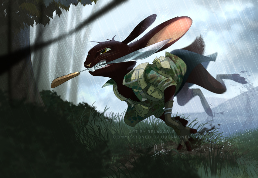 2021 buckteeth clothed clothing dark_body dark_fur day detailed_background digital_media_(artwork) fur grass hi_res lagomorph leporid low-angle_view mammal mouth_hold outside plant rabbit raining relaxable relaxablefur running signature solo teeth text tree url weapon whiskers