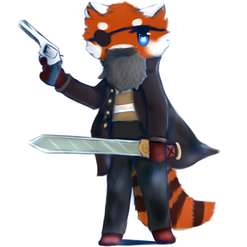 1:1 ailurid anthro beard blue_eyes blue_sclera clothed clothing eye_patch eyewear facial_hair fluffy fluffy_tail fur gun handgun headgear headwear hi_res holding_gun holding_object holding_weapon jacket male mammal markings_(fur) melee_weapon pirate ranged_weapon red_panda revolver simple_background snoiifoxxo solo standing sword topwear tuft weapon white_background