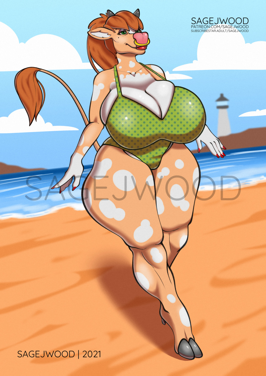 5_fingers anthro beach beauty_mark besie_(sagejwood) big_breasts big_butt bovid bovine breasts butt cattle clothing colored_nails facial_piercing female fingers gloves_(marking) green_eyes hair hi_res horn makeup mammal markings mature_female nails nose_piercing nose_ring one-piece_swimsuit ouside piercing red_hair red_nail_polish sagejwood seaside septum_piercing slightly_chubby solo swimwear tail_tuft text thick_thighs tuft url wide_hips