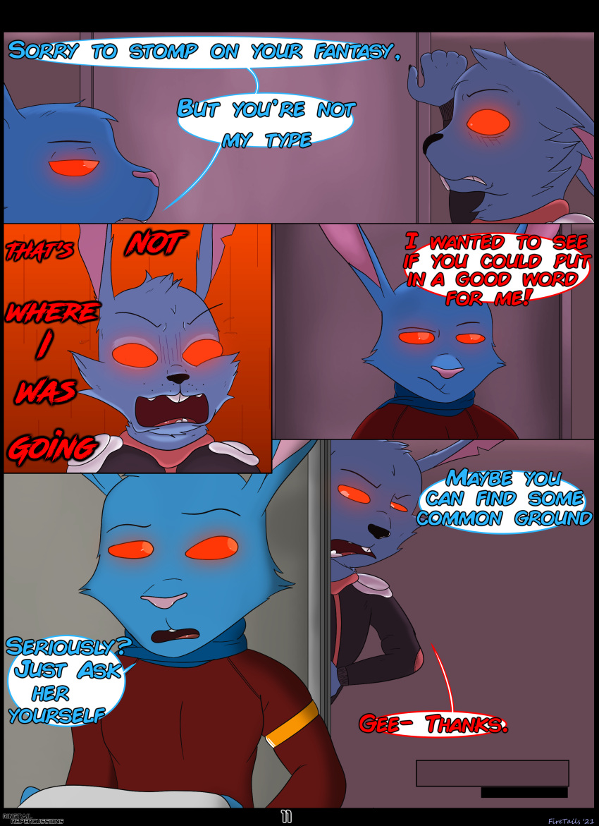 2021 absurd_res alien annoyed annoyed_expression anthro blackjack_o'hare blue_body blue_fur bottomwear clothing colored comic dark dialogue digital_media_(artwork) elbow_pads english_text fan_comic firetails fur glowing glowing_eyes grin guardians_of_the_galaxy hi_res lagomorph leporid light long_ears mammal marvel panic panicked pants rabbit red_eyes rookie_(interfan) semi-anthro shaded shirt simple_background smile sound_effects tail_tuft text topwear tuft walking