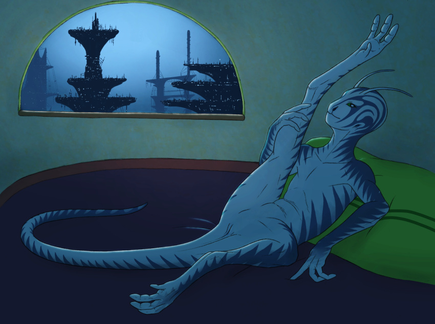 alien ambiguous_gender animal_genitalia antennae_(anatomy) bed blue_stripes cloaca furniture genitals glistening glistening_eyes hi_res humanoid lying night on_back pillow raised_leg ramul solo stripes vertical_cloaca window