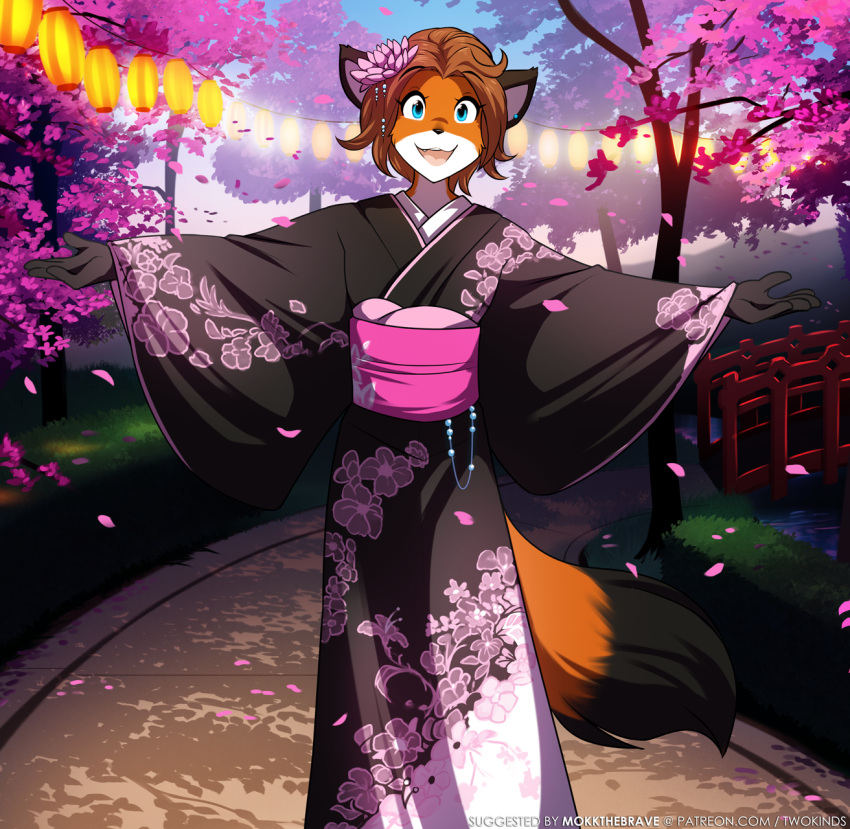 2021 accessory anthro asian_clothing black_body black_fur bridge canid canine cherry_blossom cherry_tree clothed clothing conditional_dnp dipstick_tail ear_piercing east_asian_clothing female flower flower_in_hair fox fruit_tree fur gloves_(marking) grass hair hair_accessory hi_res japanese_clothing keidran kimono lantern laura_(twokinds) looking_at_viewer mammal markings multicolored_body multicolored_fur multicolored_tail obi open_mouth open_smile orange_body orange_fur outside path petals piercing plant river simple_background smile solo spread_arms text tom_fischbach tree twokinds webcomic white_background white_body white_fur wide_sleeves