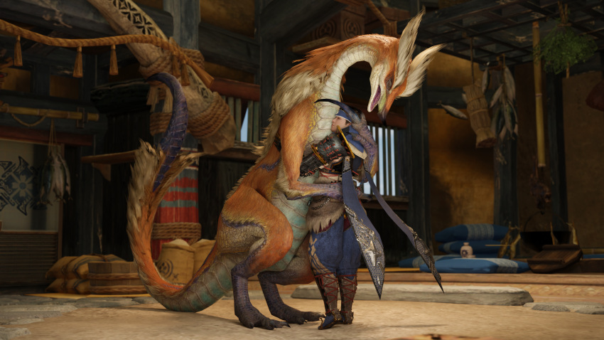 16:9 2021 3d_(artwork) 4k absurd_res ambiguous_gender armor bird_wyvern blender_(software) capcom claws clothed clothing detailed_background digital_media_(artwork) dinosaur duo eyes_closed feral fur furniture great_izuchi hi_res hug human inside ivorylagiacrus larger_ambiguous larger_feral male mammal monster_hunter monster_hunter_rise multicolored_body multicolored_fur open_mouth orange_body orange_fur raised_tail reptile scales scalie sharp_claws size_difference smaller_human smaller_male tail_tuft teeth theropod tuft two_tone_body two_tone_fur video_games white_body white_fur widescreen