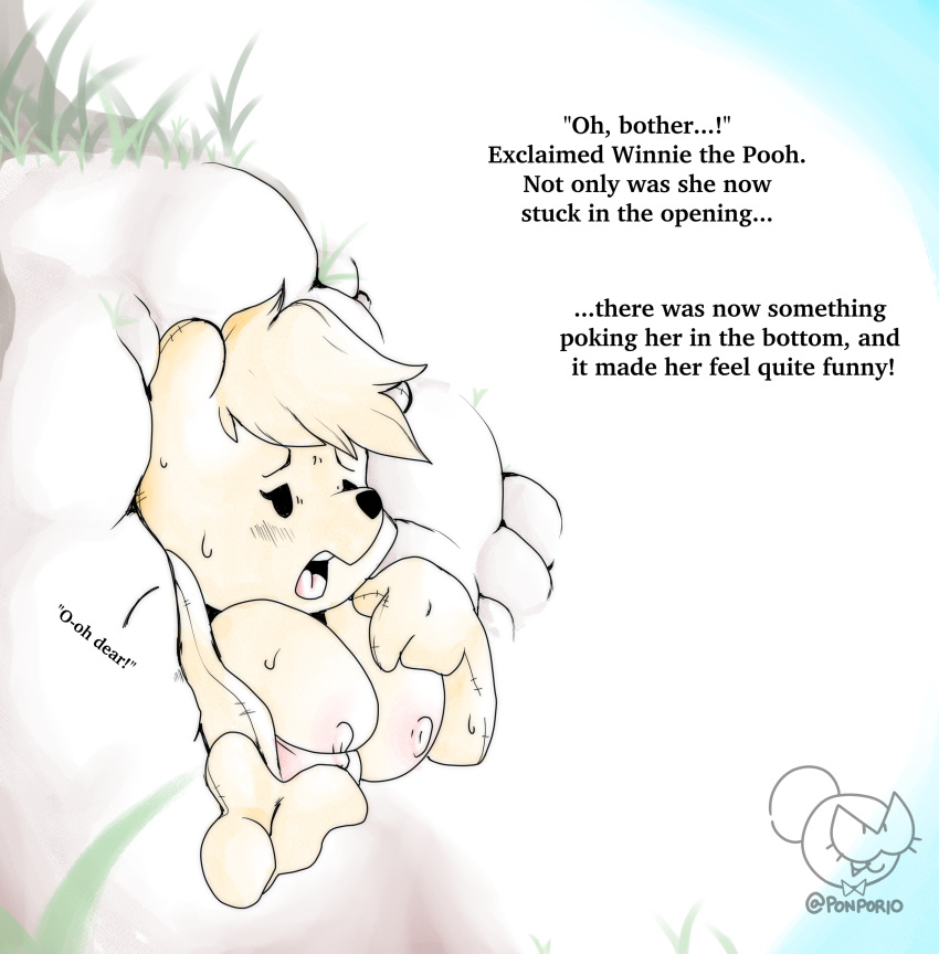 2021 absurd_res animate_inanimate anthro bodily_fluids breasts crossgender disney english_text female hair hi_res living_plushie mammal mtf_crossgender nipples open_mouth plushie ponporio_(artist) pooh_bear solo stuck sweat text ursid winnie_the_pooh_(franchise)