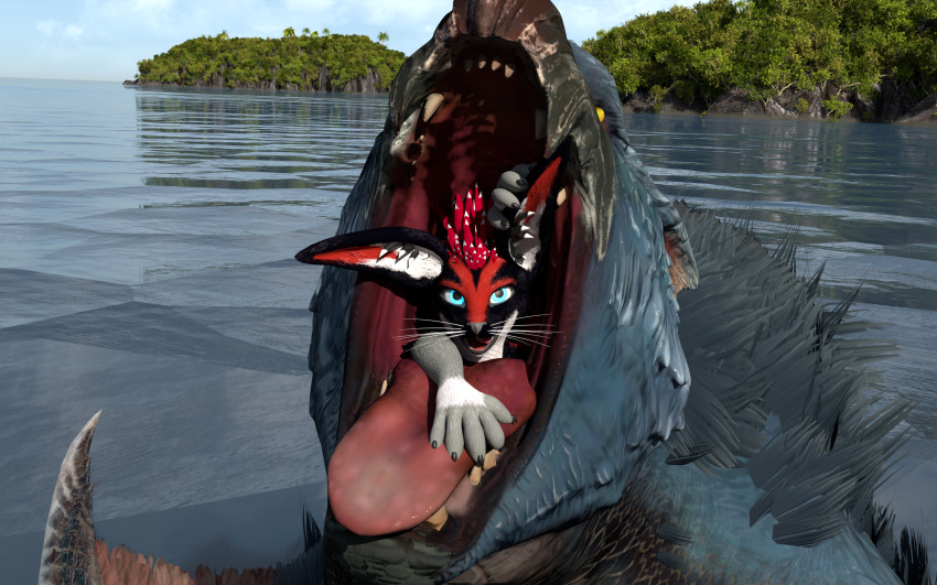 absurd_res ambiguous_gender anthro canid canine canis capcom casimirevore duo feral flying_wyvern fox hi_res hybrid male mammal monster_hunter nargacuga nexuswolfy rexouium size_difference teeth tongue video_games vore wolf