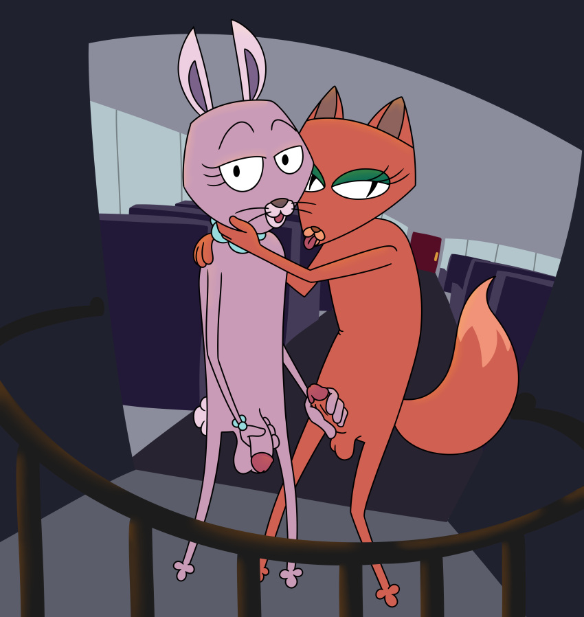 aaron_amethyst absurd_res anthro balls bracelet bunny_(courage_the_cowardly_dog) cartoon_network courage_the_cowardly_dog crossgender domestic_cat duo felid feline felis genitals handjob hi_res jewelry kitty_(courage_the_cowardly_dog) lagomorph leporid looking_at_viewer male male/male mammal necklace nude penile penis rabbit sex tongue tongue_out train trans_(lore) trans_woman_(lore) vehicle