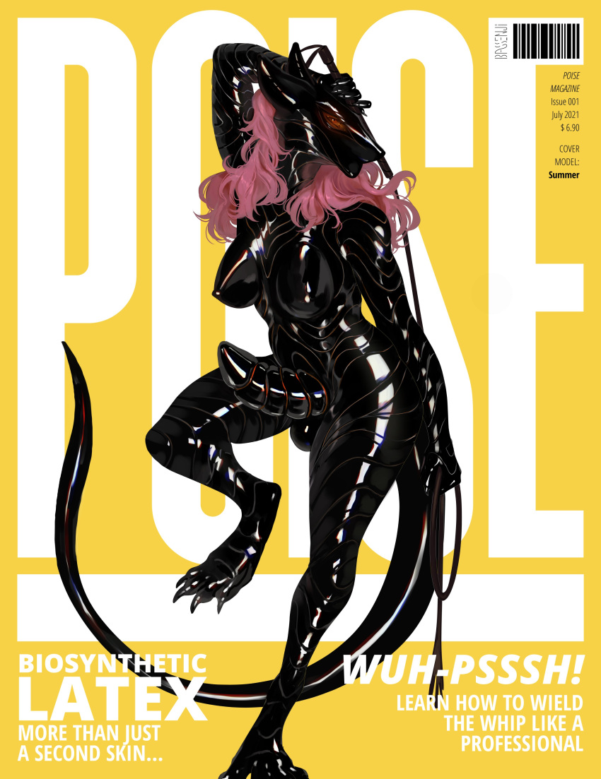 2021 absurd_res anthro barcode bassenji biped black_rubber_suit breasts cover english_text erection genitals gynomorph hair hi_res holding_object holding_whip intersex magazine_cover nipples penis pink_hair rubber sergal standing text whip