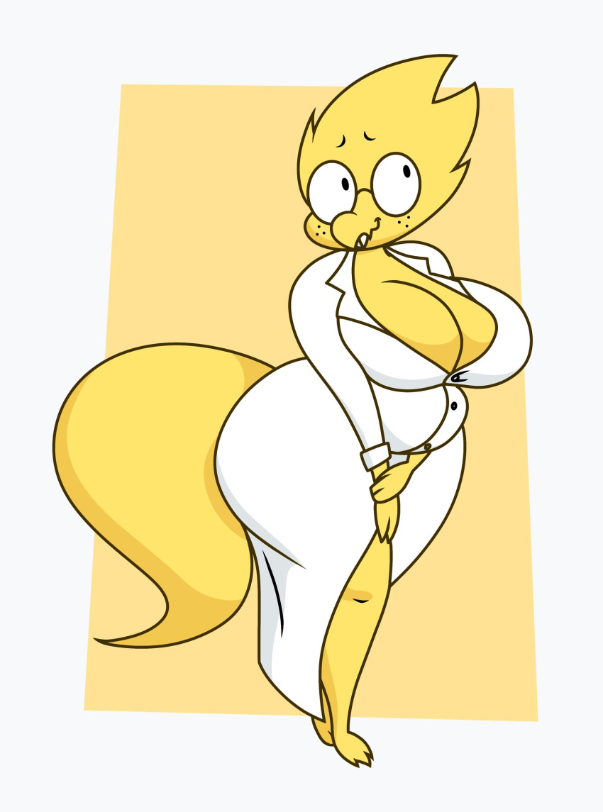 alphys anthro barefoot belly big_breasts breasts buckteeth chubby_anthro chubby_female cleavage clothed clothing coat eyewear feet female freckles glasses hi_res lab_coat lizard looking_away overweight overweight_anthro overweight_female reptile scales scalie simple_background slightly_chubby smile snoopy_snoot solo standing teeth thick_tail thick_thighs tight_clothing tight_coat tight_topwear topwear undertale video_games wavy_mouth wide_hips yellow_body yellow_scales