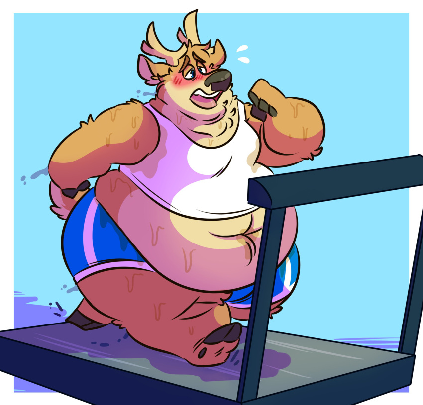 anthro antlers belly belly_overhang blue_background blush bodily_fluids cervid clothing exercise fur hi_res horn male mammal navel obese obese_anthro obese_male overweight overweight_anthro overweight_male shirt simple_background solo sweat syc tank_top topwear treadmill