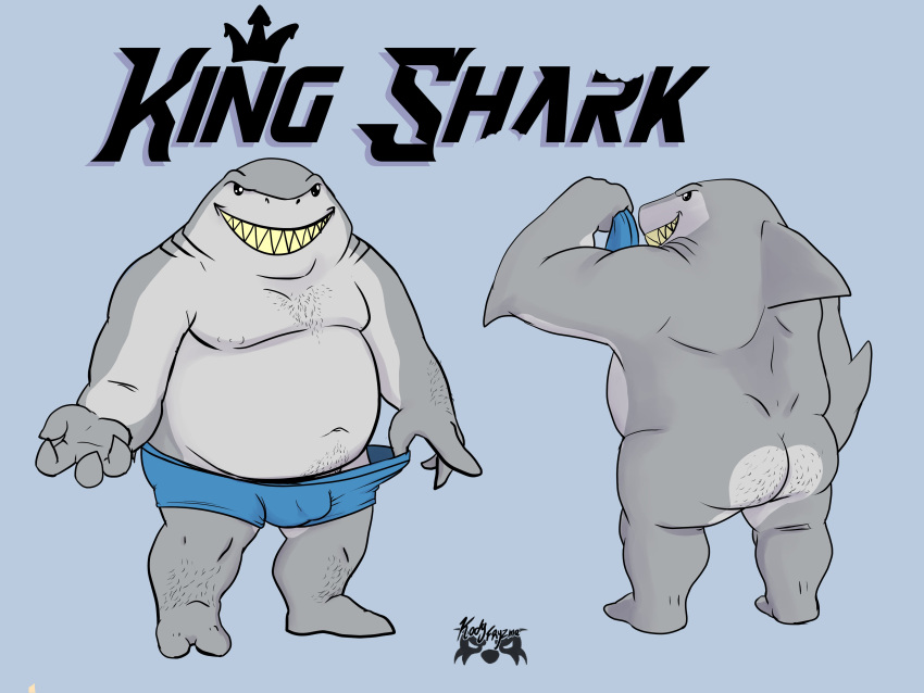 2021 absurd_res anthro belly_hair body_hair boxer_briefs bulge butt butt_hair chest_hair clothed clothing dc_comics detailed_bulge fish front_view genital_outline gills grey_body grin harley_quinn_(series) hi_res holding_clothing holding_object king_shark kody_fryzma leg_hair male marine musclegut nude overweight overweight_anthro overweight_male penis_outline rear_view shark sharp_teeth smile solo standing teeth text topless underwear
