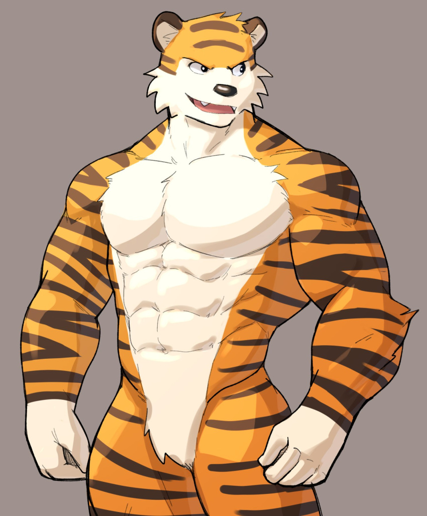 2021 abs anthro big_muscles biped calvin_and_hobbes countershade_face countershade_neck countershade_torso countershading digital_drawing_(artwork) digital_media_(artwork) felid fur grey_background hi_res hobbes jrjresq male mammal monotone_background muscular muscular_anthro muscular_male narrowed_eyes navel nude pantherine pecs portrait shaded simple_background smile solo standing stripes three-quarter_portrait tiger tuft