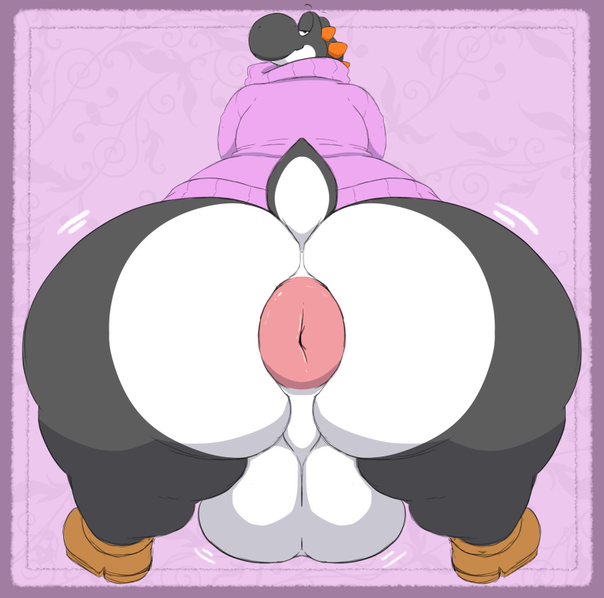 2021 anthro anus backsack balls big_balls big_butt black_yoshi bottomless butt clothed clothing digital_media_(artwork) dinosaur genitals half-closed_eyes hi_res huge_balls huge_butt hyper hyper_butt looking_at_viewer looking_back male mammal mario_bros narrowed_eyes nintendo noirbutt pink_background pink_clothing pink_sweater pink_topwear presenting presenting_hindquarters puffy_anus reptile scalie simple_background smile solo sweater topwear video_games yoshi