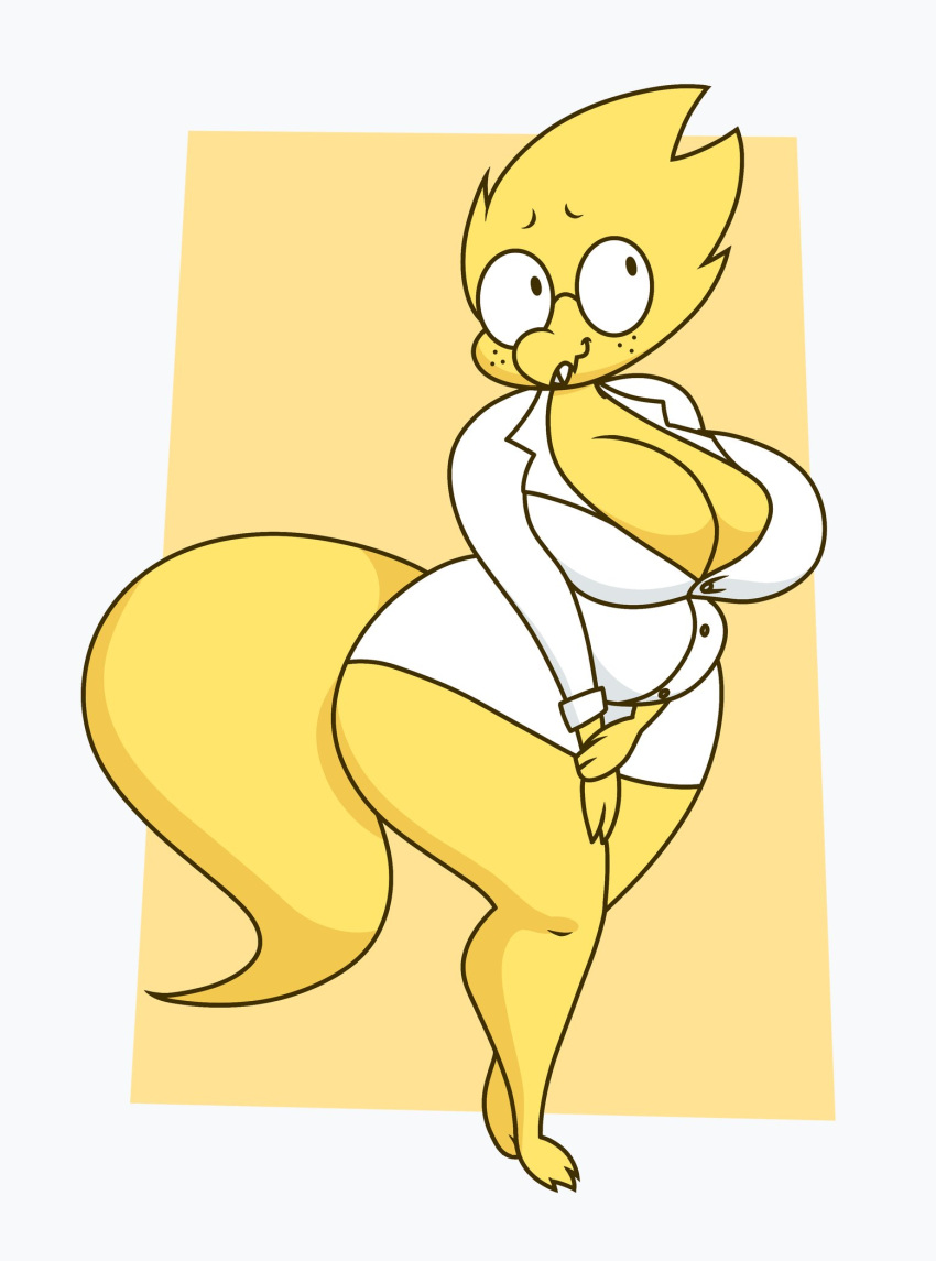 alphys anthro barefoot belly big_breasts breasts buckteeth chubby_anthro chubby_female cleavage clothed clothing coat eyewear feet female freckles glasses hi_res lab_coat lizard looking_away overweight overweight_anthro overweight_female reptile scales scalie simple_background slightly_chubby smile snoopy_snoot solo standing teeth thick_tail thick_thighs tight_clothing tight_coat tight_topwear topwear undertale video_games wavy_mouth wide_hips yellow_body yellow_scales