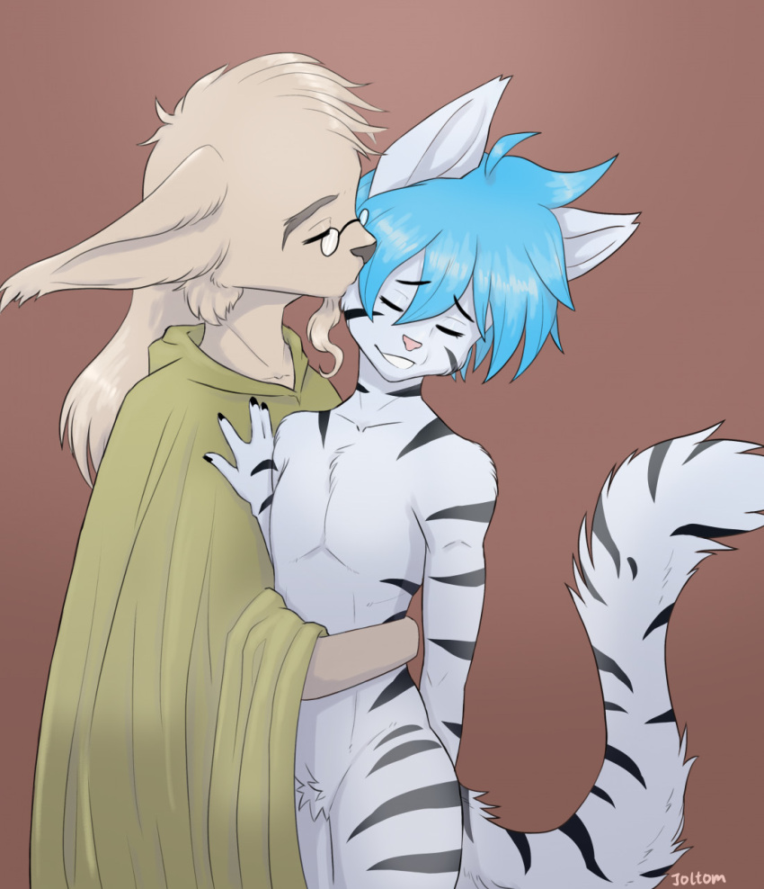 albion_alabaster anthro basitin cute_face duo eyewear felid glasses hi_res huge_ears joltom keidran kissing male mammal pantherine romantic romantic_couple tiger trace_legacy twokinds webcomic