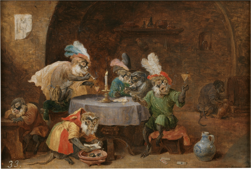 17th_century alcohol ancient_furry_art anthro barefoot beverage candle cheek_tuft clothed clothing david_teniers_the_younger facial_tuft feet fully_clothed fur furniture green_clothing group haplorhine hi_res holding_glass holding_object inside male mammal monkey oil_painting_(artwork) open_mouth painting_(artwork) primate public_domain sitting smoking table traditional_media_(artwork) tuft white_body white_fur