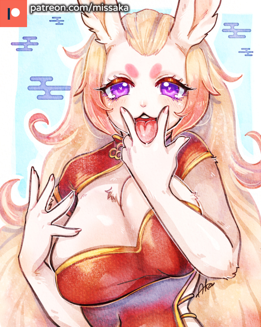 &lt;3 &lt;3_eyes 5_fingers 5_toes anthro big_breasts blonde_hair blush breasts clothed clothing cunnilingus_gesture feet female fingers fur gesture hair hi_res kemono lagomorph leporid long_hair looking_at_viewer mammal missaka open_mouth rabbit solo suggestive suggestive_gesture toes tongue tongue_out white_body white_fur