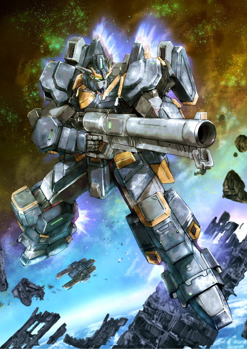 alternate_color carrier commentary_request debris exhaust flying glowing glowing_eyes gun gundam highres holding holding_gun holding_weapon mecha no_humans original planet rx-78-2 seto_(atsushi533822) space space_craft star starry_background thrust weapon white_base