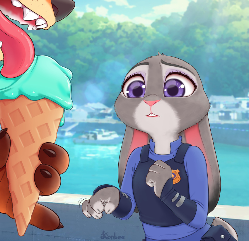 2021 4_fingers anthro canid canine claws clothed clothing day dessert detailed_background digital_media_(artwork) disney duo ears_down female finger_claws fingers food fox fully_clothed fur grey_body grey_fur head_tuft hi_res holding_food holding_object ice_cream ice_cream_cone judy_hopps kionbee lagomorph leporid mammal nick_wilde orange_body orange_fur outside pink_nose pivoted_ears police_uniform purple_eyes rabbit red_fox signature teeth tuft uniform zootopia