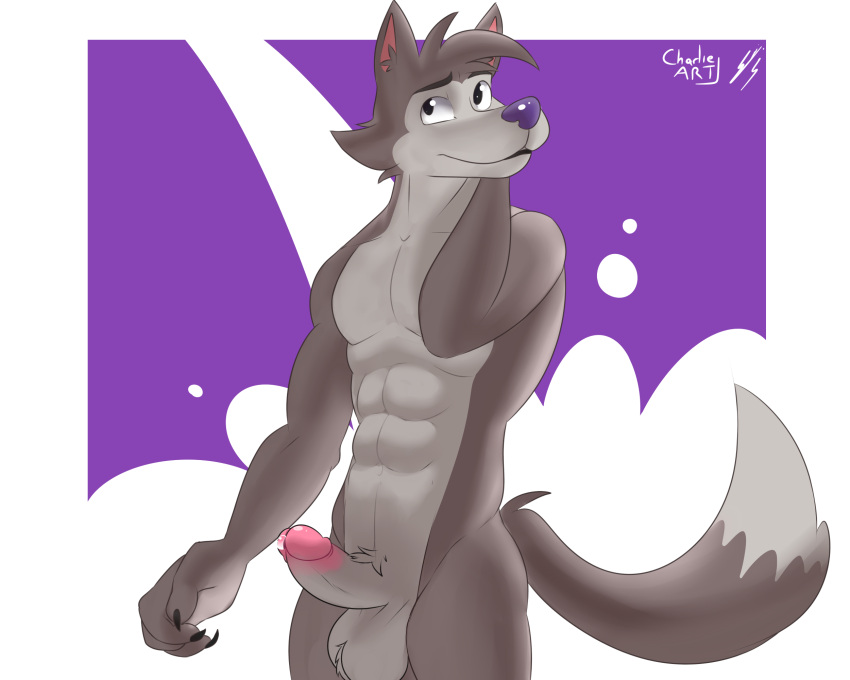 5:4 abs anthro balls bodily_fluids canid canine canis charlieleobo chip_the_wolf cookie_crisp digital_media_(artwork) erection fingers fur genital_fluids genitals hair hi_res humanoid_genitalia humanoid_penis male mammal mascot muscular muscular_anthro muscular_male nude penis precum simple_background smile solo wolf