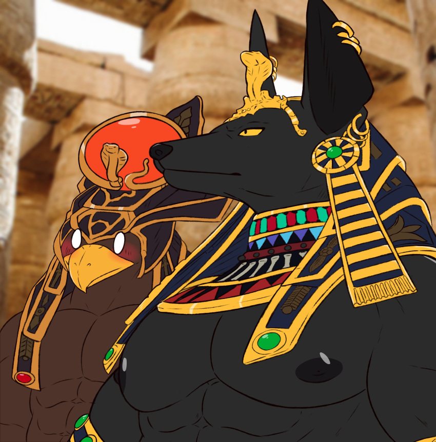 2021 abs absurd_res anthro anubian_jackal anubis avian beak bird blush canid canine canis clothing deity duo ear_piercing ear_ring egyptian egyptian_mythology falcon falconid gem girl_staring_at_man's_chest gold_(metal) hanzo_matsumoto headdress headgear headwear hi_res horus jackal looking_at_another looking_at_muscles male mammal meme middle_eastern_mythology muscular muscular_anthro muscular_male mythology nipples pecs piercing stare
