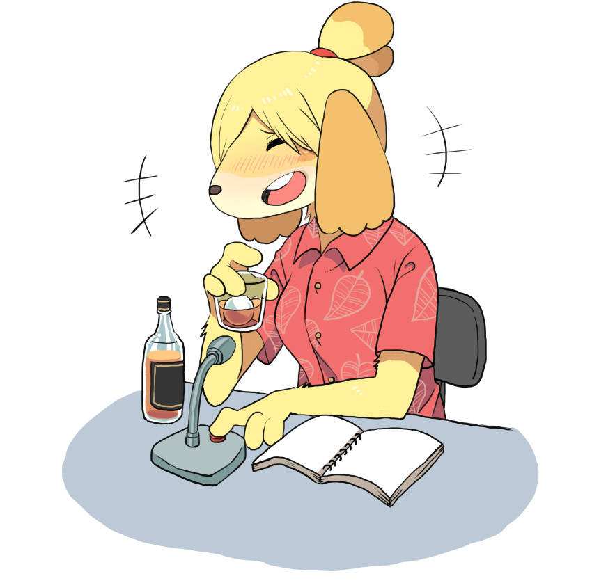 2020 absurd_res alcohol animal_crossing anthro beverage blonde_hair blush book canid chair drunk eyes_closed female furniture hair hi_res holding_glass holding_object isabelle_(animal_crossing) laugh mammal menma911 microphone nintendo simple_background sitting smile solo substance_intoxication video_games white_background