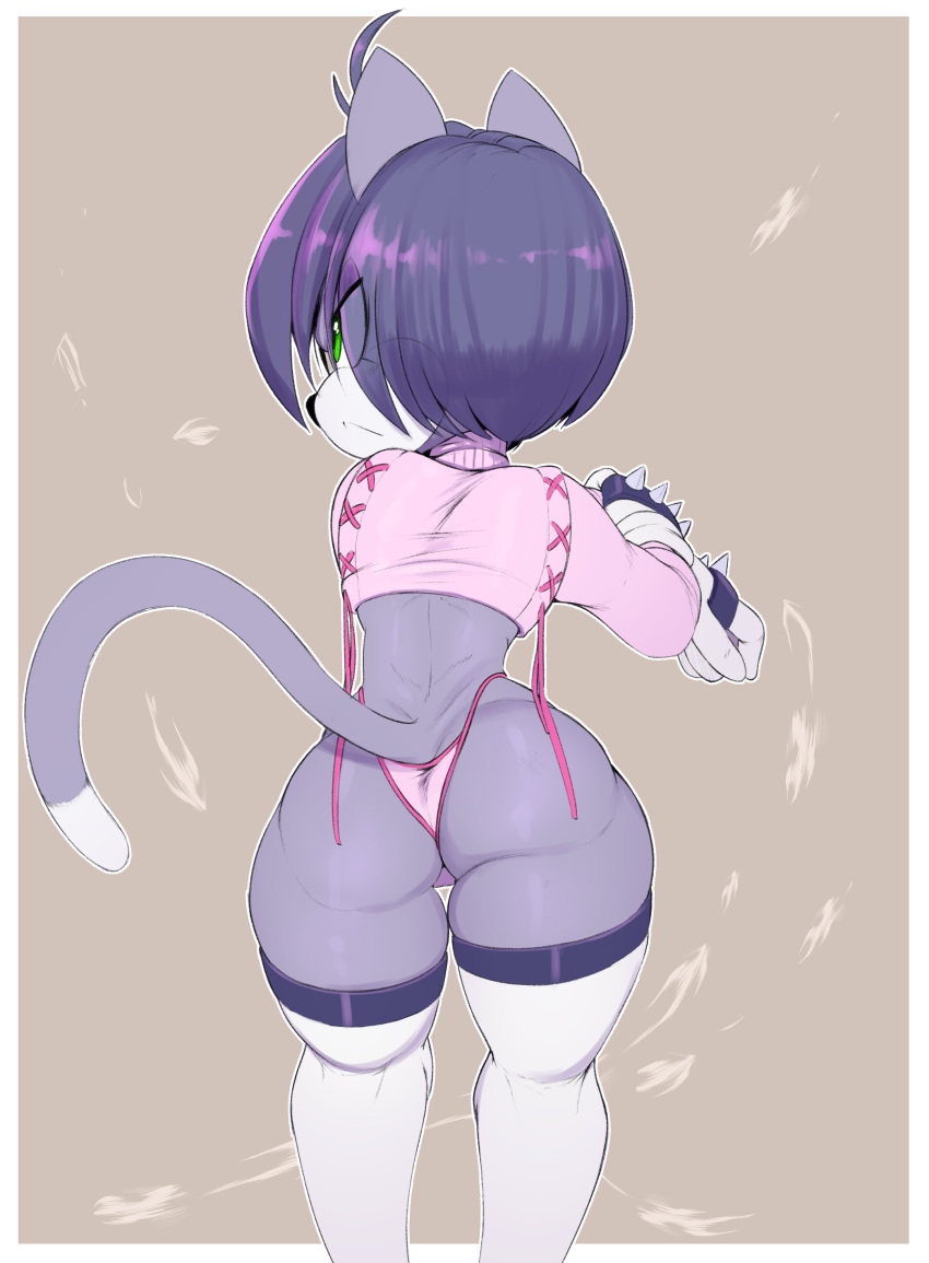 absurd_res anthro big_butt bit-maki breasts butt clothing domestic_cat felid feline felis female gloves handwear hi_res mammal rear_view simple_background solo thick_thighs thong topwear underwear usnarbit wide_hips