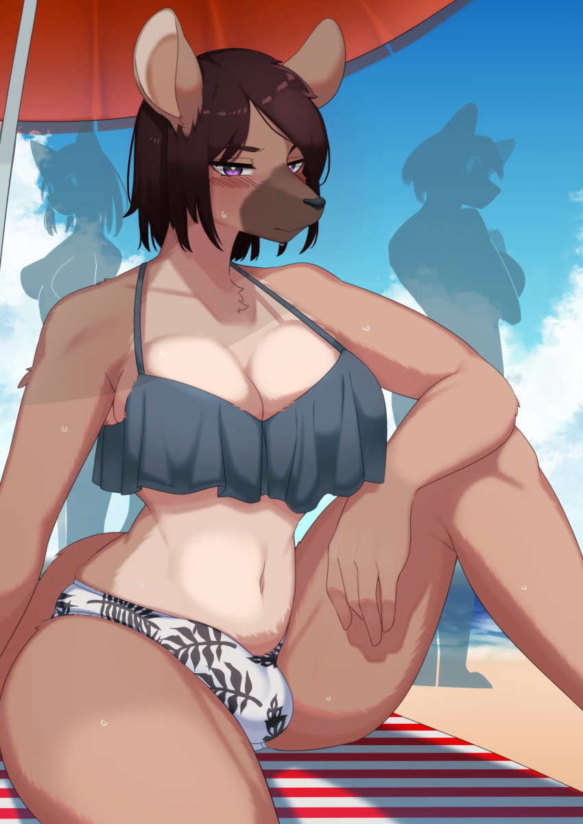 2021 5_fingers absurd_res anthro anthro_focus balls_outline beach beach_towel beach_umbrella big_breasts black_nose blush bodily_fluids breasts brown_body brown_fur brown_hair bulge cleavage clothed clothing cloud denyfake female fingers fur genital_outline group gynomorph gynomorph_focus hair half-closed_eyes hi_res hyaenid intersex intersex_focus kemono looking_at_viewer mammal multicolored_body multicolored_fur narrowed_eyes navel on_ground outside penis_outline pink_eyes sea seaside short_hair sitting sky solo_focus sweat sweatdrop swimwear tan_body tan_fur towel trio two_tone_body two_tone_fur water